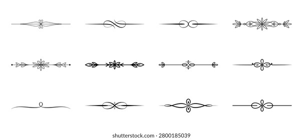 Elegant script line ornaments. Delicate scrollwork dividers. Minimalist page decoration for high end menu design.