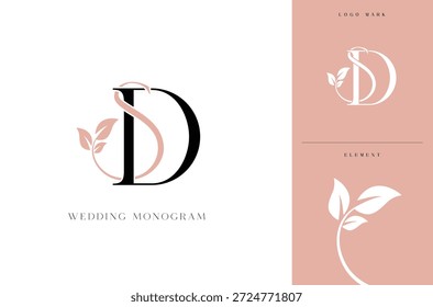 Logotipo elegante del monograma de la boda de SD con botánico