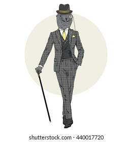 elegant sea lion gentleman with walking stick, furry art illustration, fashion animals; hipster animals