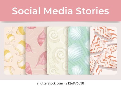 Elegant sea underwater habitat vertical social media stories background collection vector illustration. Set beach aquarium marine paradise decorative design with shells. Nautical fauna environment