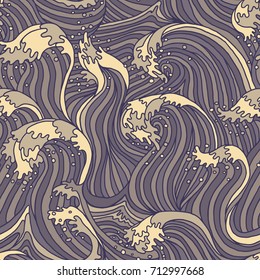 Elegant sea wave seamless pattern. Hand drawn vector wave design.