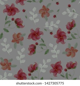 elegant seamles pattern red flowers with leaves and buds. Imitation of watercolor, hand drawing, isolated on white background