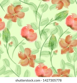 elegant seamles pattern red flowers with leaves and buds. Imitation of watercolor, hand drawing, isolated on white background