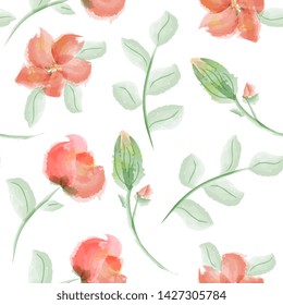 elegant seamles pattern red flowers with leaves and buds. Imitation of watercolor, hand drawing, isolated on white background