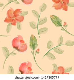 elegant seamles pattern red flowers with leaves and buds. Imitation of watercolor, hand drawing, isolated on white background