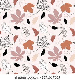 Elegante padrão de folhas de outono sem costura com formas botânicas desenhadas à mão em tons terra. Perfeito para tecido, papel de parede, embalagem, fundo, papelaria, projetos de design sazonal. Ilustração vetorial