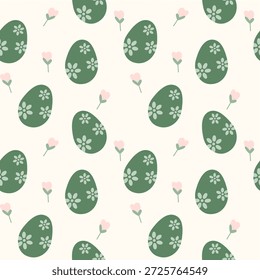 Elegante fondo sin fisuras con huevos de Pascua verdes con patrones de flores blancas y brotes rosados. Diseño floral moderno para Fondo de pantalla de vacaciones, textil y envoltura de regalos.
