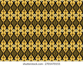 Elegante patrón barroco sin fisuras con Elementos florales adornados dorados sobre un fondo oscuro. Perfecto para Fondo de pantalla de lujo, tela, embalaje, invitación y diseños de decoración de interiores.