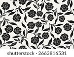 Elegant seamless black floral pattern with blooming carnations and flowing leaves on a crisp white background, perfect for textiles, wallpapers, and decor.