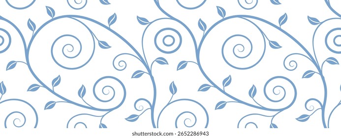Elegant seamless blue floral swirl pattern with delicate vines, leaves, and curls, perfect for backgrounds, textiles, and decorative designs in a modern minimal style.