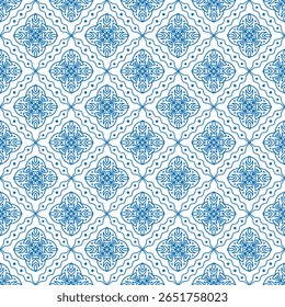 Elegant seamless blue geometric pattern with intricate ornamental diamond shapes. Perfect for textile design, wallpapers, backgrounds, packaging, and digital projects.