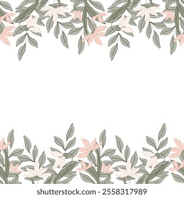 Elegant seamless border with botanical flat illustration of green leaves and pastel pink flowers, lilies of the valley and snowdrops. Minimalist design with a muted color palette, for spring decor