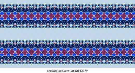 Elegant seamless border pattern featuring intricate motifs in blue and cool hues.