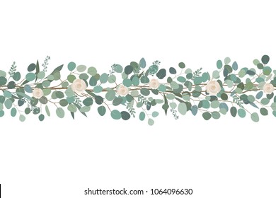 Elegant seamless border from roses and eucalyptus branches. Floral garland. Vector illustration.