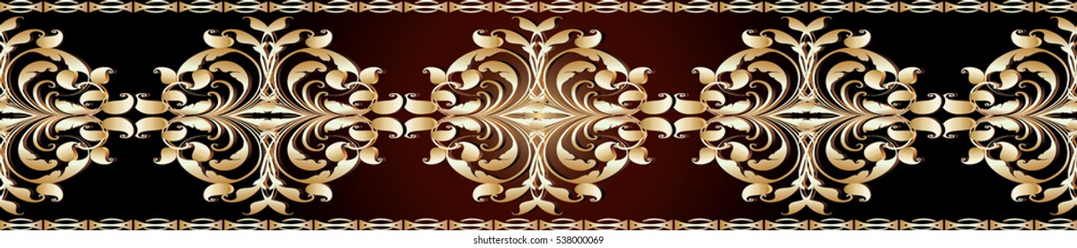 Elegant seamless border. Vintage pattern background wallpaper with gold 3d paisley flowers, leaves and  border ornaments. Vector endless luxury texture.Border pattern ornament.