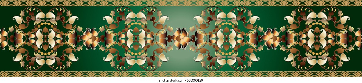 Elegant seamless border. Vintage pattern background wallpaper with gold 3d paisley flowers, leaves and ornaments. Vector endless luxury fabric  texture.