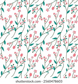 Elegant seamless botanical pattern featuring delicate pink berries and green leaves on a white background. Perfect for textiles, wallpaper, gift wrap, stationery, and modern design projects