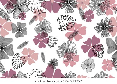 Elegant seamless botanical pattern featuring abstract clover flowers, tropical monstera leaves, and delicate hand-drawn line art elements in soft pink and mauve tones. Modern floral background with artistic geometric details, ideal for fabric prints, wallpaper, wrapping paper, stationery, packaging, home decor, and surface pattern design projects.