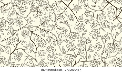 An elegant seamless botanical pattern of hand-drawn rowanberry branches and leaves in a dark outline on a soft beige background.
