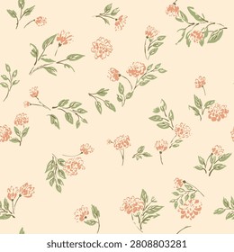 Elegant seamless botanical pattern with peach wildflowers and green leaves on a warm cream background. Perfect for fabric, wallpaper, stationery, gift wrap and packaging