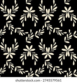 Elegant seamless botanical pattern with stylized floral and leaf motifs on black background. Minimal modern ornament suitable for textile, packaging and luxury branding.