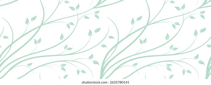 Elegant seamless botanical vine pattern with soft green leaves on white background. Ideal for natural designs, eco-friendly themes, and modern packaging. Perfect for textiles and wallpapers.