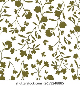 Elegant seamless brown floral foliage pattern over cream background, ideal for fabric, wrapping paper, packaging, surface print and fashion accessories.