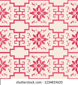 Elegant seamless Chinese style botanic garden flower geometry cross lattice pattern background. Traditional retro wallpaper design.