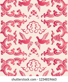 Elegant seamless Chinese style botanic garden flower pigeon pattern background