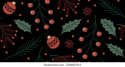 Elegant seamless Christmas botanical pattern with holly leaves, berries, and ornaments on a black background. Perfect for festive wrapping paper, textile prints, and holiday decor. Stylish and classic