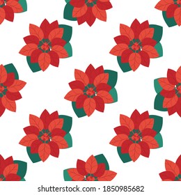 Elegant seamless christmas floral pattern with poinsettia and leaves on white background, vector illustration. Christmas pattern. Vector illustration for wrapping paper, textile print.