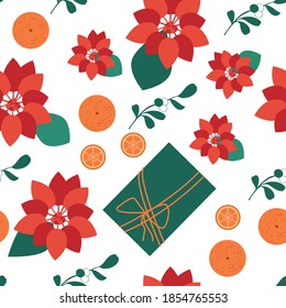 Elegant seamless christmas floral pattern with poinsettia and leaves on white background, vector illustration. Christmas pattern. Vector illustration for wrapping paper, textile print.