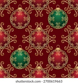 Elegant seamless Christmas pattern featuring red and green ornaments with intricate golden filigree on a deep burgundy background. Perfect for holiday wrapping paper, textiles, or decor.
