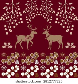 Elegant seamless Christmas pattern featuring two reindeer surrounded by winter berry branches, pine cones, foliage, acorns, and snowflakes on a rich burgundy background. Inspired by Scandinavian and Nordic folk art, this festive vector illustration creates a warm holiday atmosphere. Perfect for Christmas wrapping paper, greeting cards, fabric prints, wallpaper, gift packaging, seasonal branding, textile design, scrapbook projects, home decor, and other winter celebration products.