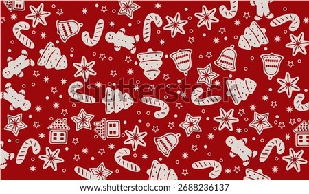 An elegant seamless Christmas pattern featuring gingerbread cookies, candy canes, bells, stars, and festive houses on a rich dark red background. 