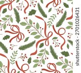 Elegant seamless Christmas pattern with green leaves, holly branches, pine sprigs, red ribbons and berries on white background. Perfect for wrapping paper,  textile, gift packaging and holiday decor.