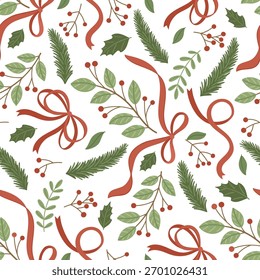Elegante padrão de Natal sem emenda com folhas verdes, ramos de azevinho, rampas de pinho, fitas vermelhas e bagas em fundo branco. Perfeito para embrulhar papel, têxtil, embalagem de presente e decoração de férias.