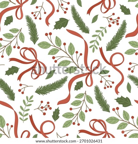 Elegant seamless Christmas pattern with green leaves, holly branches, pine sprigs, red ribbons and berries on white background. Perfect for wrapping paper,  textile, gift packaging and holiday decor.