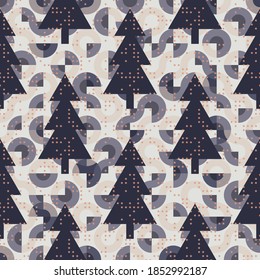 Elegant seamless Christmas pattern with Christmas trees and stars on decorative background. Abstract geometric vector for wrapping paper, interior decoration and stationary. 