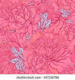 Elegant Seamless color peony pattern on gray background, vector illustration