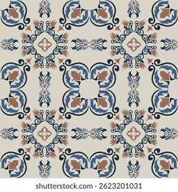 Elegante patrón floral de damasco sin costuras en tonos azules, marrones y tonos terrosos ideal para el diseño textil y de telas.