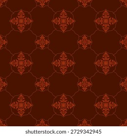 Elegante patrón de adorno de damasco sin costuras con motivos florales clásicos en rojo intenso sobre un fondo marrón oscuro. Estilo vintage lujoso conveniente para el Fondo de pantalla, los textiles, el empaquetado, y el diseño interior