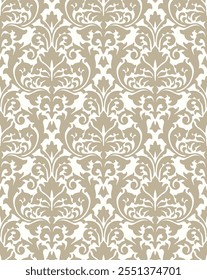 Elegant seamless damask pattern in beige and white tones with intricate floral designs and ornamental symmetry.