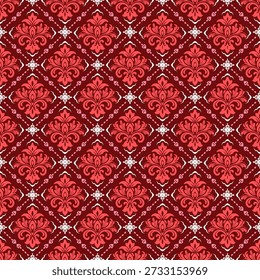 Elegantes, nahtloses Damast-Muster mit klassischen Blumenmotiven in satten Rottönen. Luxuriöser Vintage-Hintergrund, ideal für Tapete, Stoff, Textilien, Verpackung, Verpackungspapier und Innenausstattung.