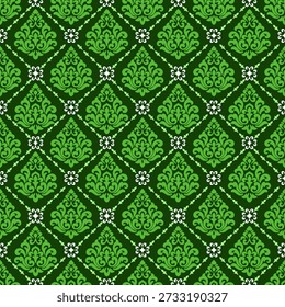 Elegantes nahtloses Damast-Muster mit klassischen Blumenornamenten in satten Grüntönen. Luxuriöser Vintage-Hintergrund, perfekt für Tapete, Textil, Stoff, Verpackungspapier, Verpackung und Innenausstattung.
