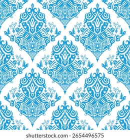 Elegant seamless damask pattern featuring intricate blue ornamental designs on a clean white background. Perfect for wallpaper, textile printing, luxury packaging, decorative backgrounds.