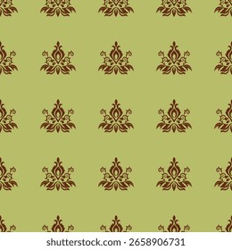 Un elegante patrón de damasco sin costuras con adornos florales marrones sobre un fondo verde oliva. Perfecto para Fondos de pantalla vintage, telas, marca de lujo y diseño interior clásico.