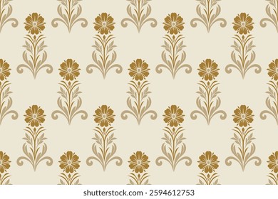 Elegant seamless damask pattern with floral and ornamental motifs in gold tones, perfect for wallpapers, textiles, vintage decor, luxury backgrounds, classic interiors, and artistic designs.