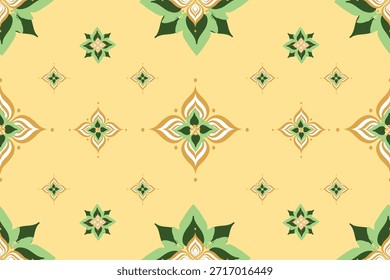Elegante patrón de damasco sin fisuras con Elementos ornamentales florales en tonos verdes y dorados sobre fondo amarillo suave. Diseño de repetición decorativo clásico inspirado en motivos tradicionales, adecuado para el Fondo de pantalla, textil, tela, decoración del hogar, papel de embalaje, fondo y embalaje de lujo.