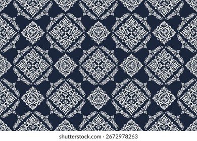 Elegant seamless damask pattern with intricate floral motifs in navy blue and white. Perfect for textile design, wallpaper, fabric prints, and luxury decorative backgrounds.
